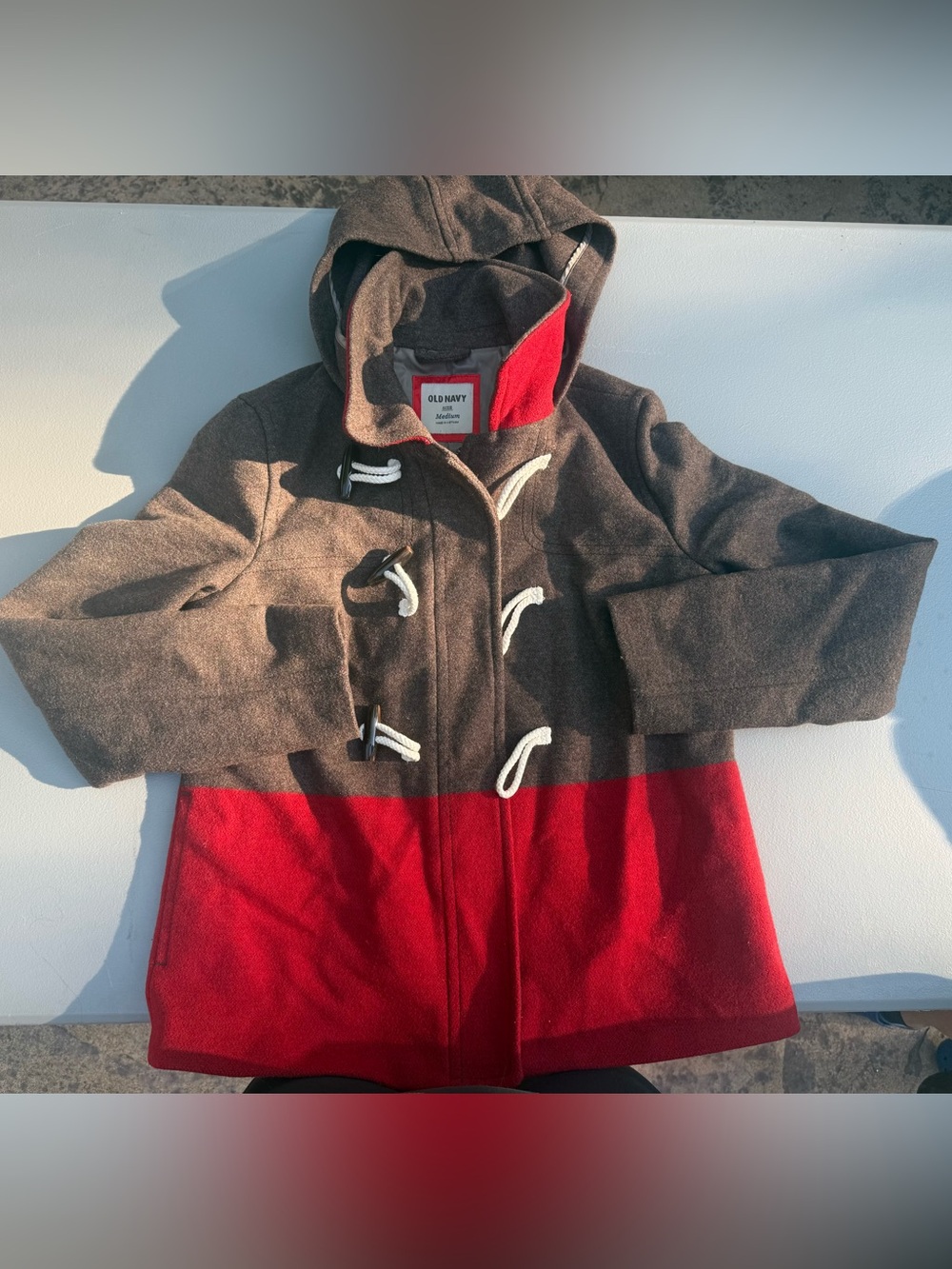 Old Navy Brown and Red Hooded Kids Toggle Pea Coat